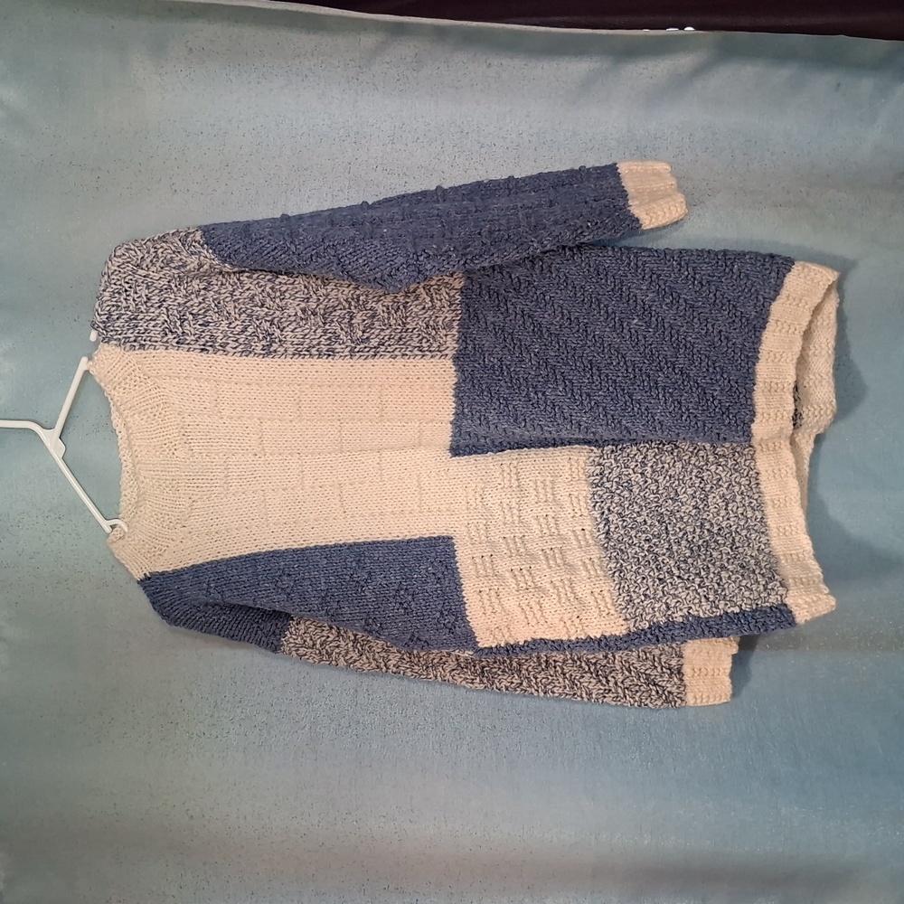 New,‎ Hand Knit Blue and Cream Patchwork Sweater